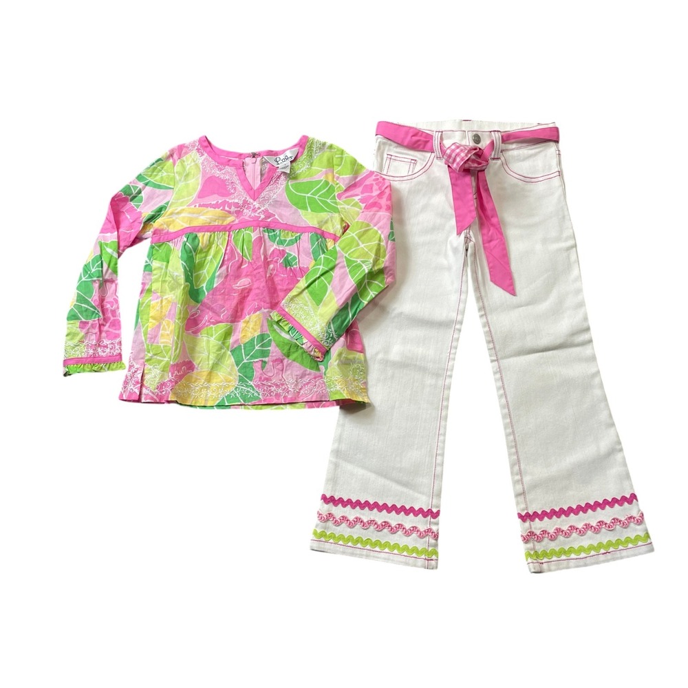 Lilly Pulitzer 5 Girls 2 Pc Floral Top White Rick Rack Pants